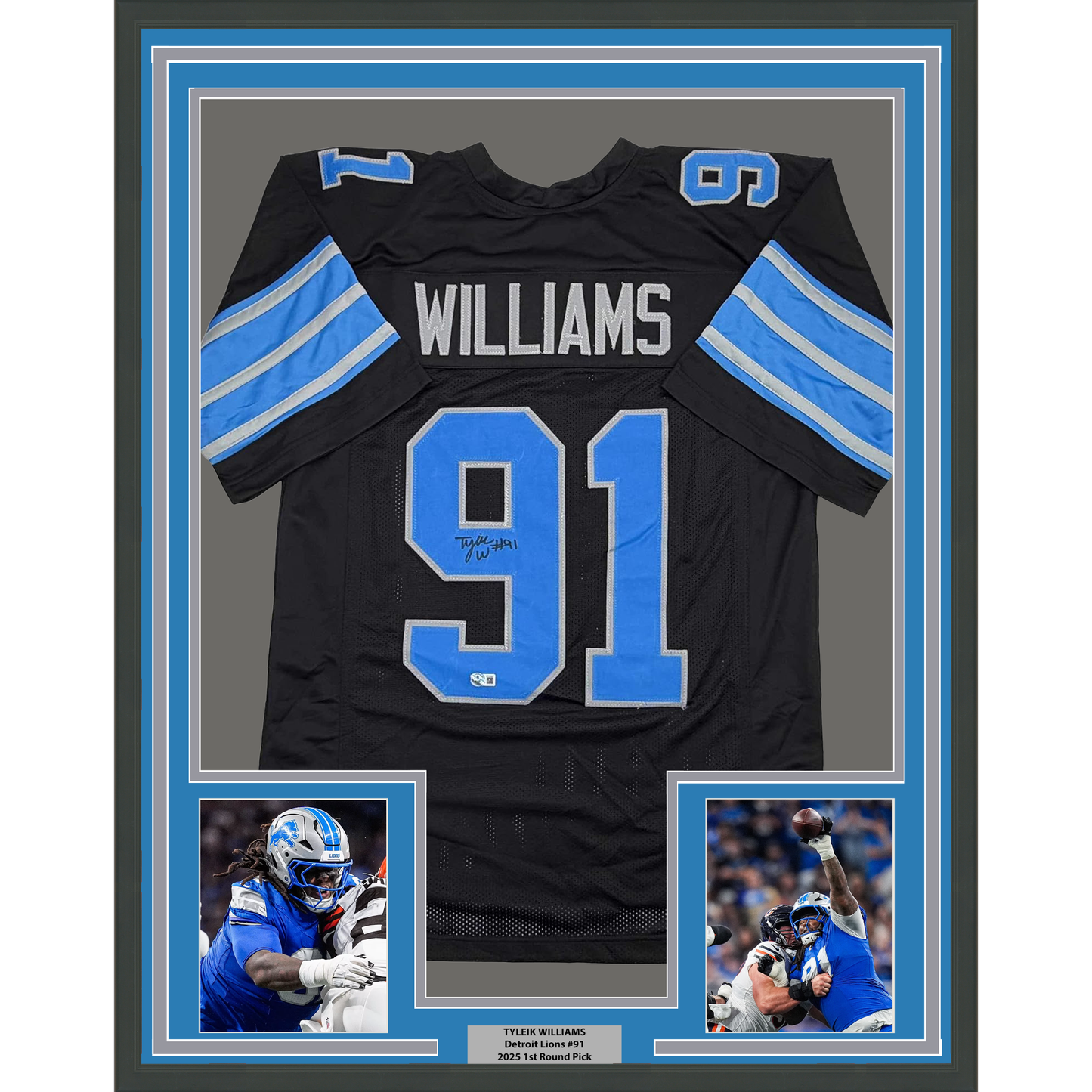 Framed Autographed/Signed Tyleik Williams 35x39 Detroit Black Football Jersey Beckett BAS COA