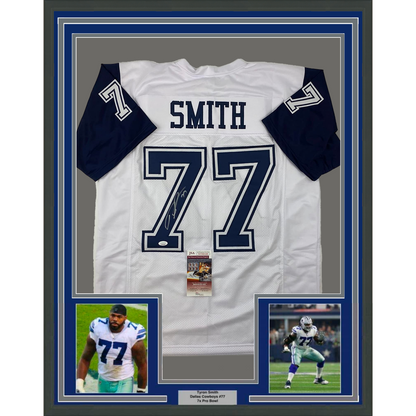Framed Autographed/Signed Tyron Smith 35x39 Dallas Color Rush White Football Jersey JSA COA