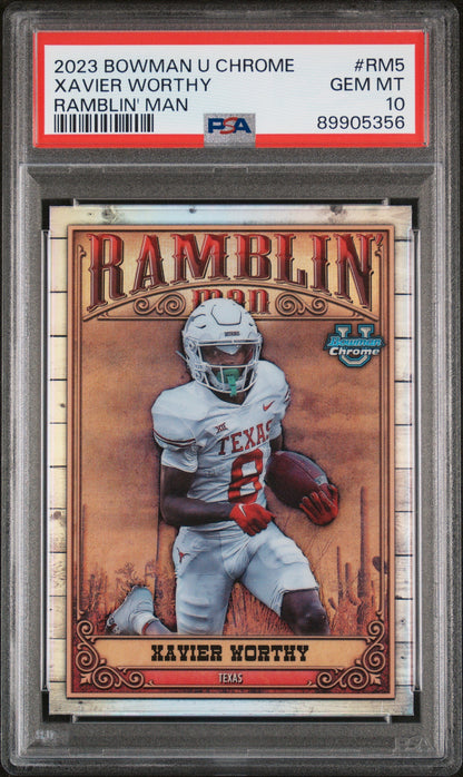 Graded 2023 Topps Bowman University Xavier Worthy #RM5 Ramblin Man Rookie RC Football Card PSA 10 Gem Mint