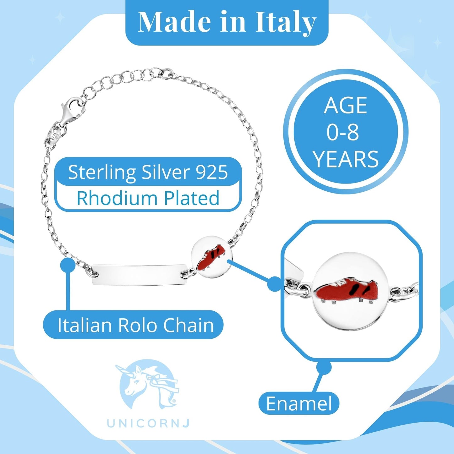 UNICORNJ Sterling Silver 925 Engravable ID Bracelet for Boys Girls Sports Enamel Rolo Chain 6.5"