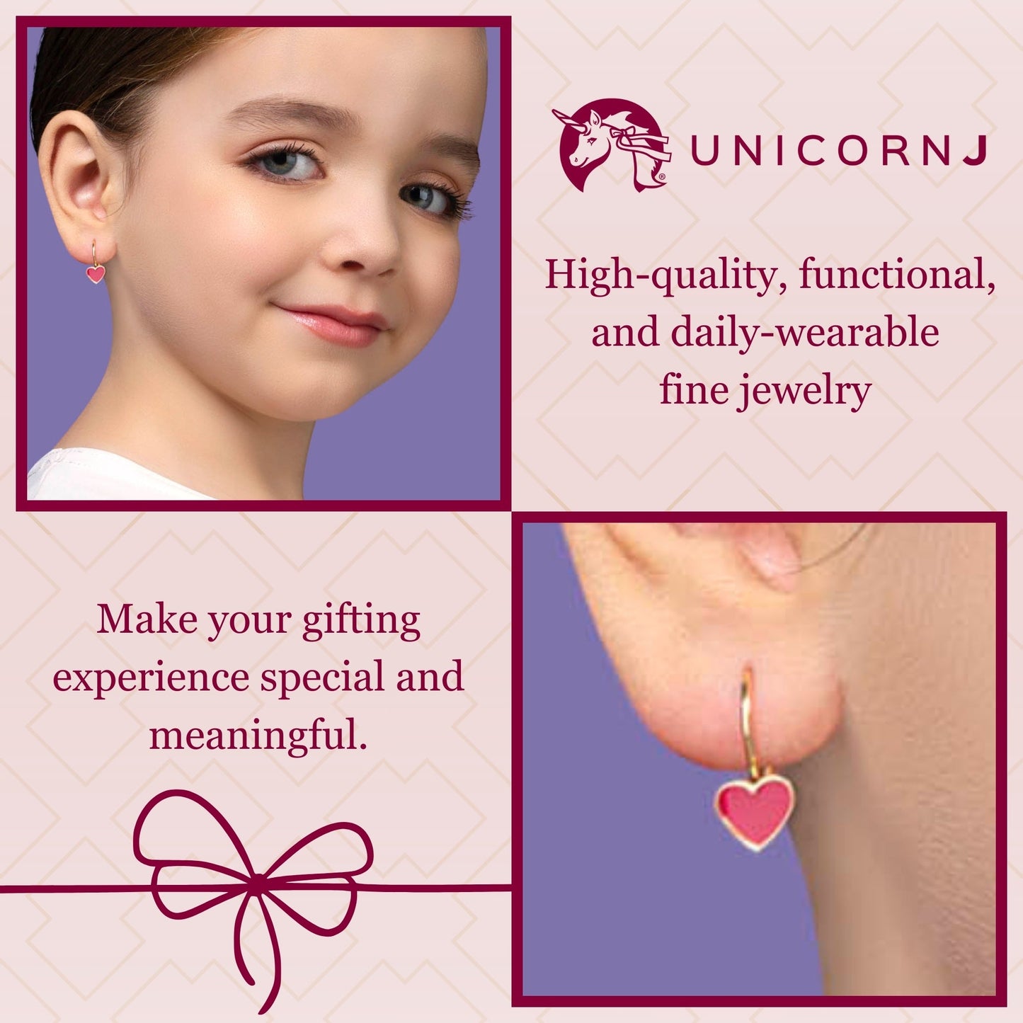 14K White or Yellow Gold Small Heart Leverback Earrings with Light Blue or Pink and Dark Pink Enamel