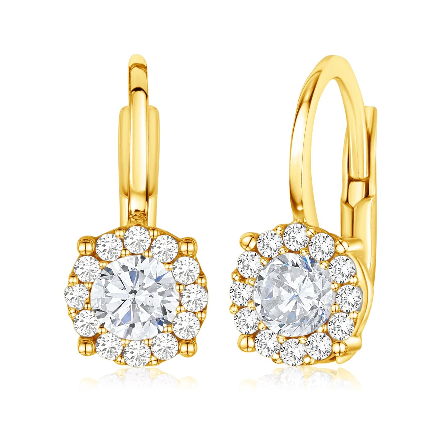 14K Yellow and White Gold Simulated Gemstone Halo Leverback Earrings