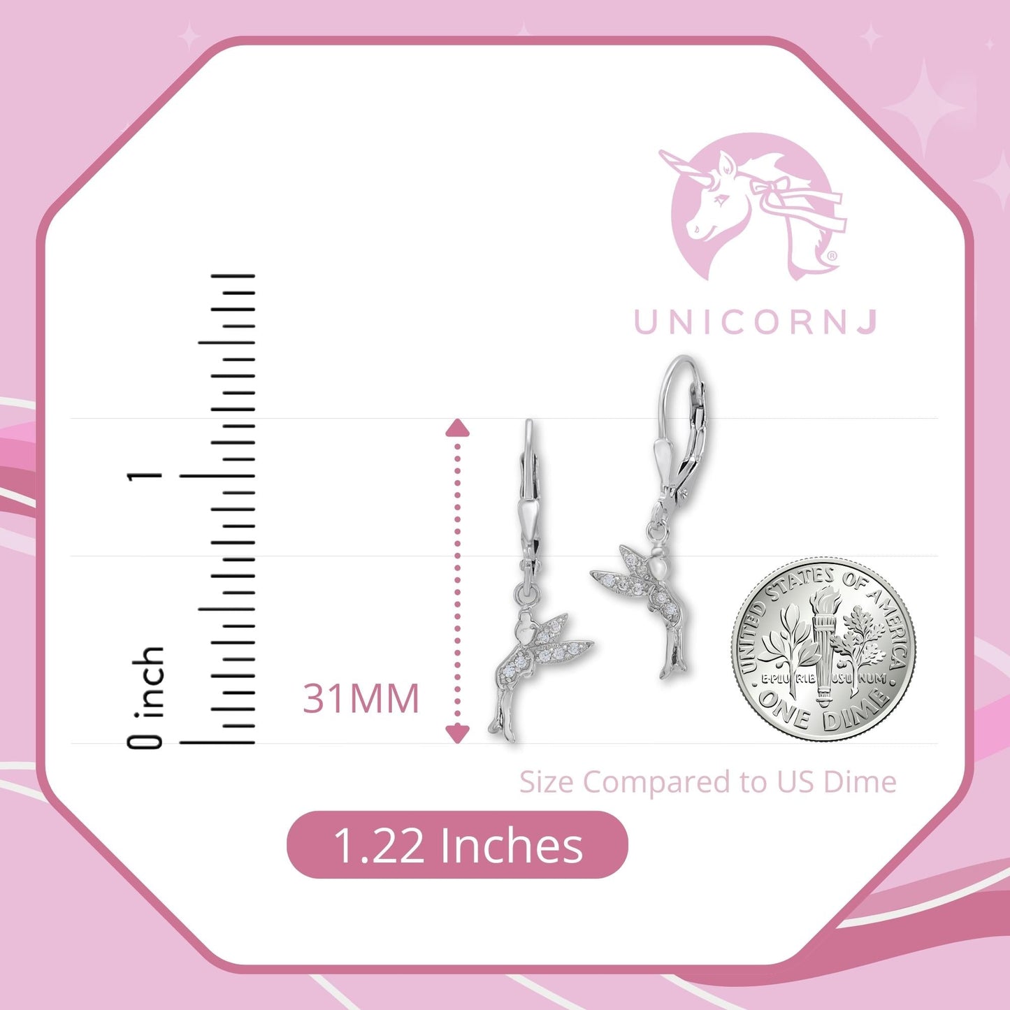 UNICORNJ Sterling Silver 925 Dark Pink Fairy Dangle Leverback Earrings with Pave CZ Italy