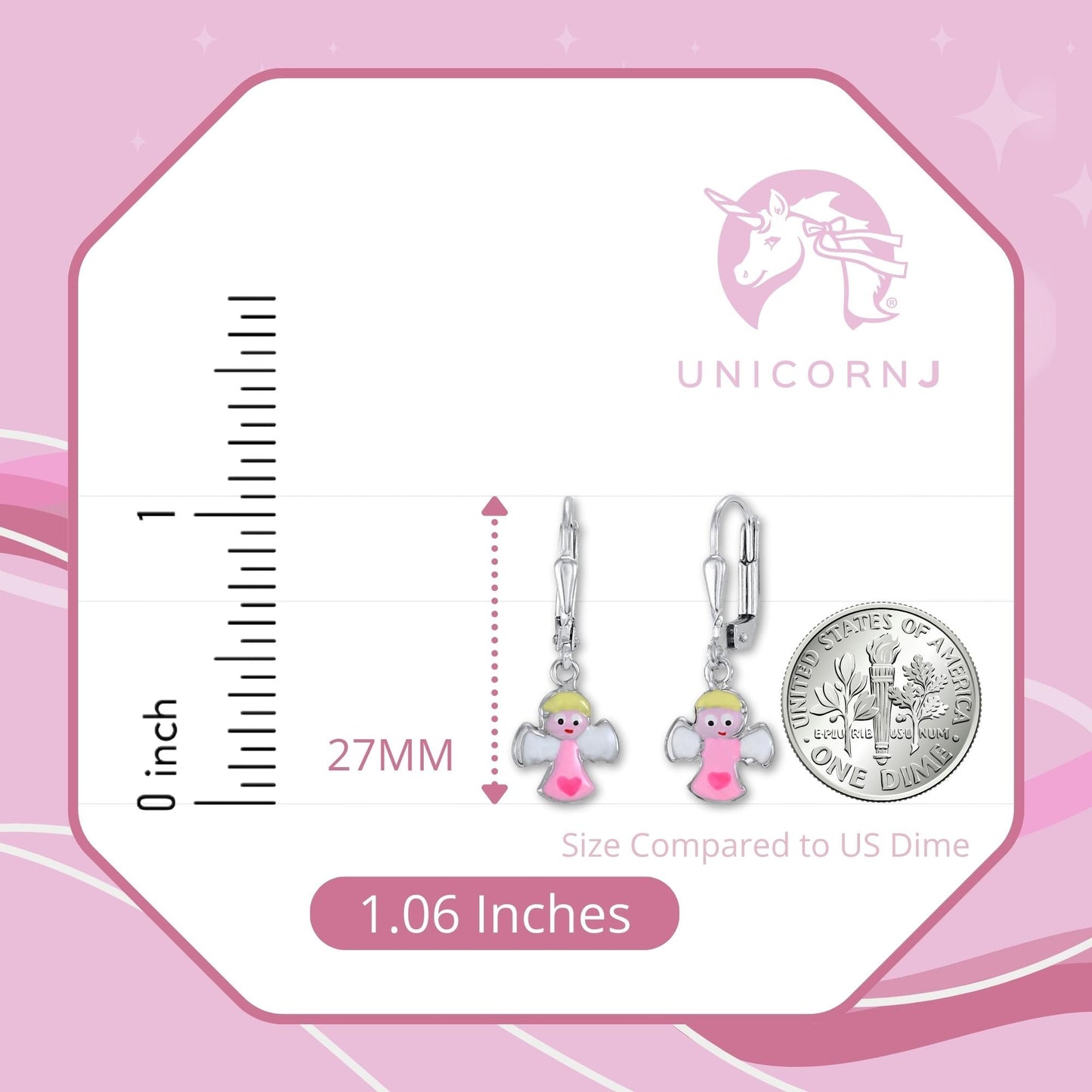 Childrens Sterling Silver 925 Cute Guardian Angel Earrings Leverback Dangle with Enamel