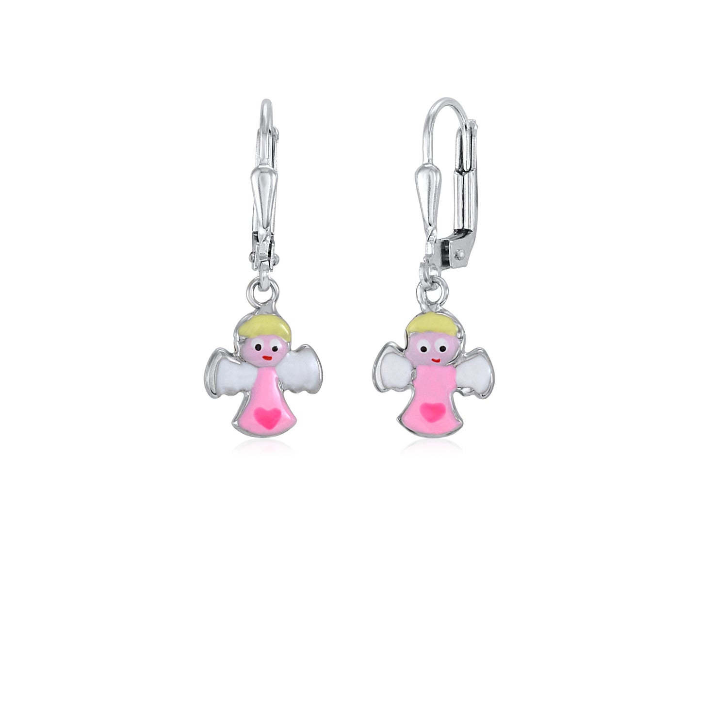 Childrens Sterling Silver 925 Cute Guardian Angel Earrings Leverback Dangle with Enamel