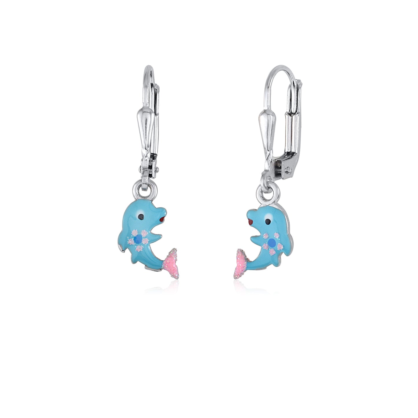 Childrens Sterling Silver 925 Cute Dolphin Earrings Leverback Dangle with Blue or Pink Enamel