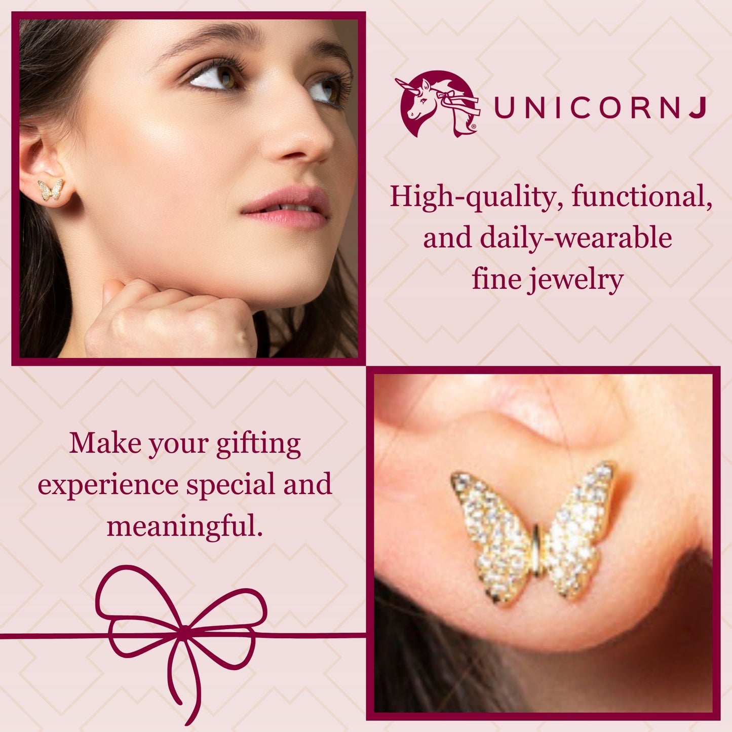 UNICORNJ Childrens 14k White Yellow Gold Cubic Butterfly Stud Post Earrings