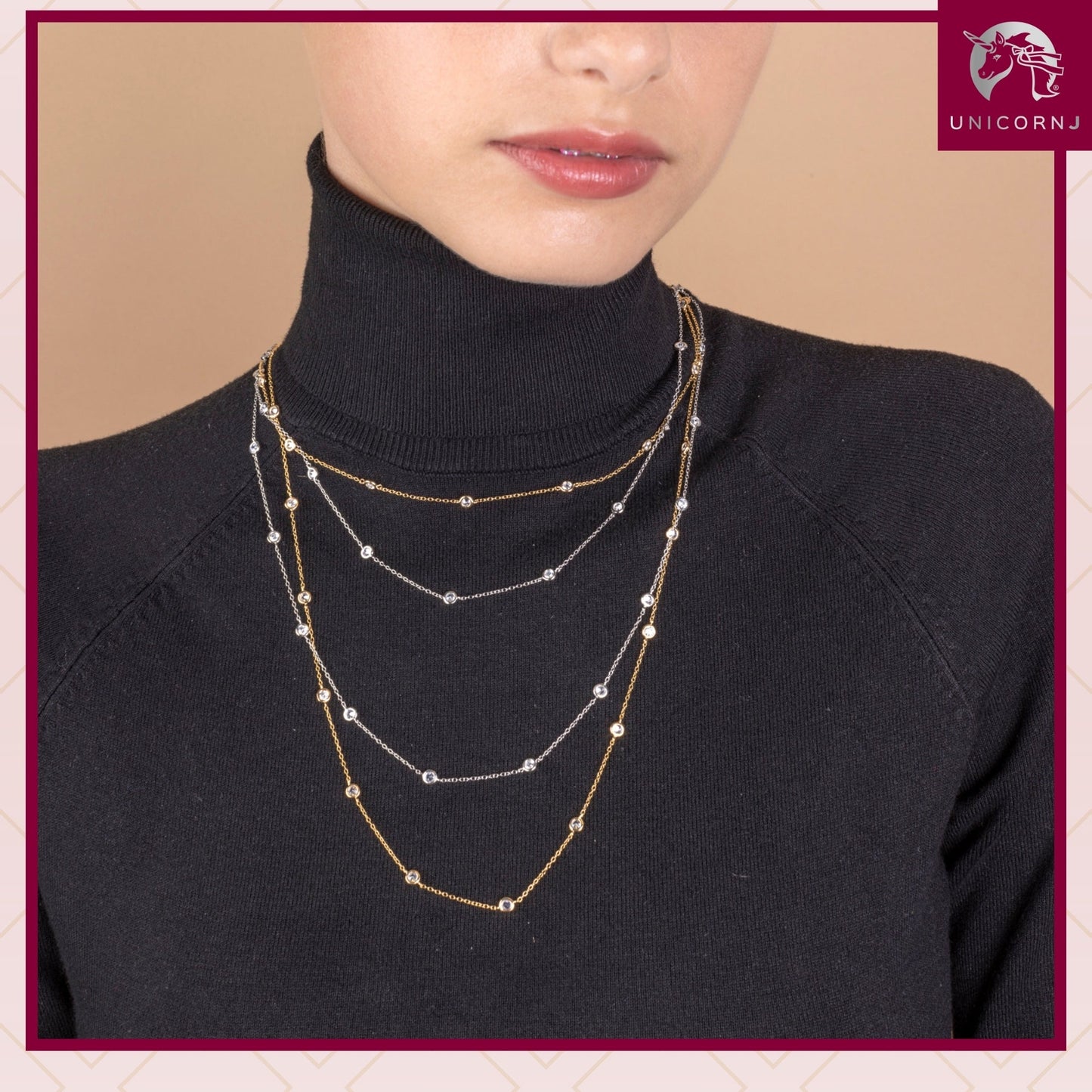 Very Long Station Necklace Pendant Sterling Silver 925 Yellow Gold Plated Simulated Diamonds Bezel 46"