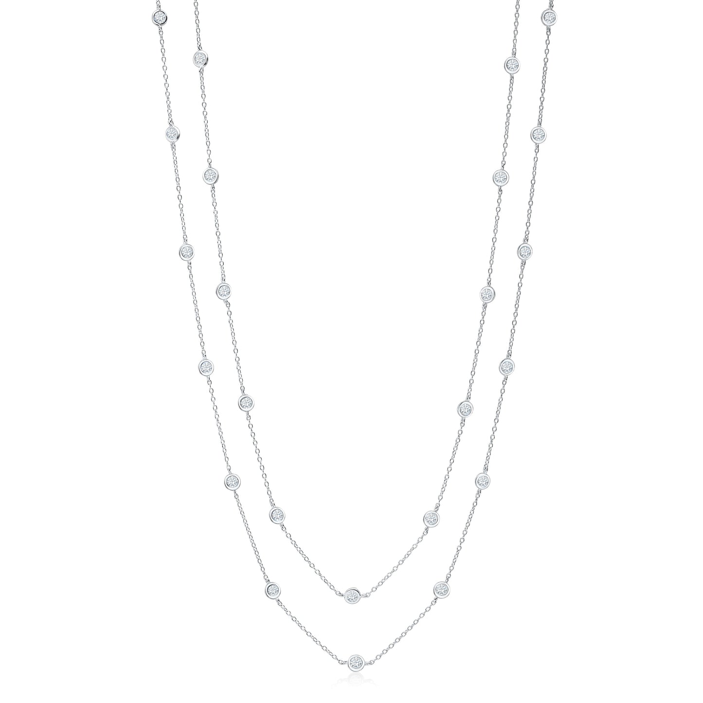 Very Long Station Necklace Pendant Sterling Silver 925 Yellow Gold Plated Simulated Diamonds Bezel 46"