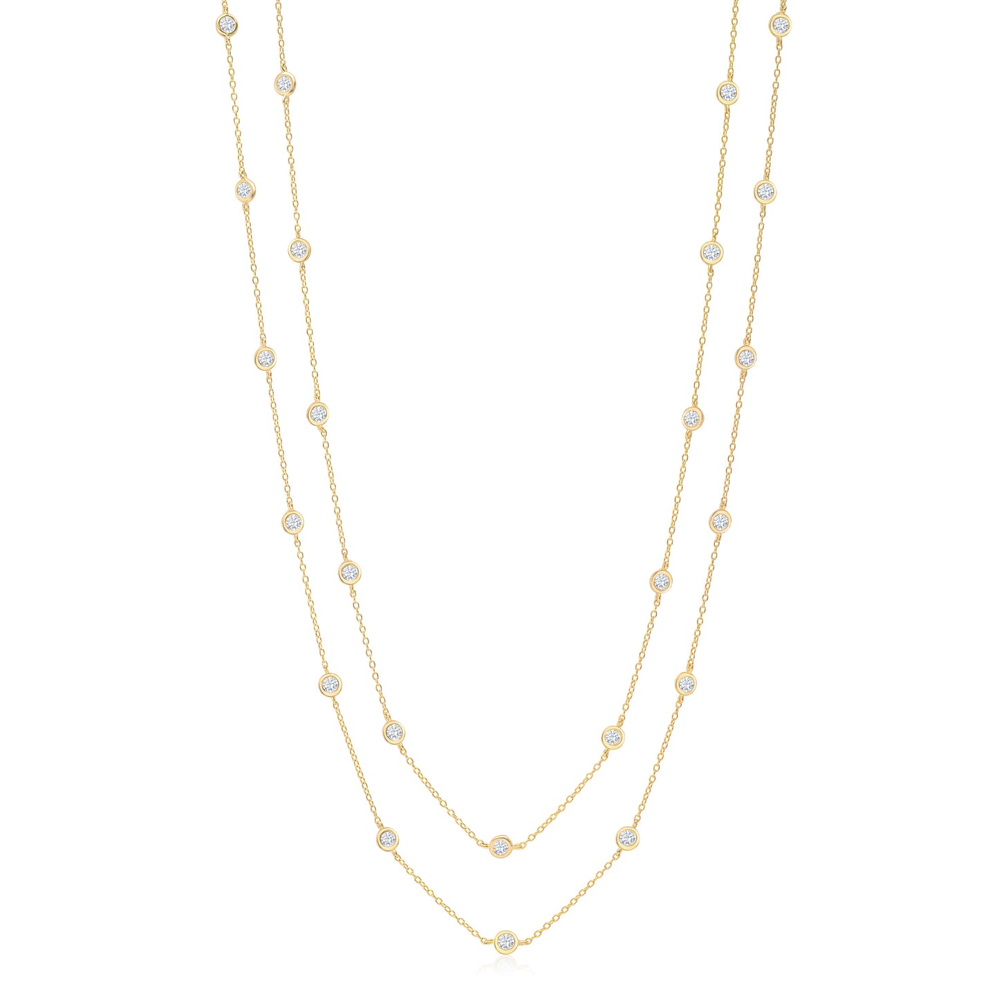 Very Long Station Necklace Pendant Sterling Silver 925 Yellow Gold Plated Simulated Diamonds Bezel 46"