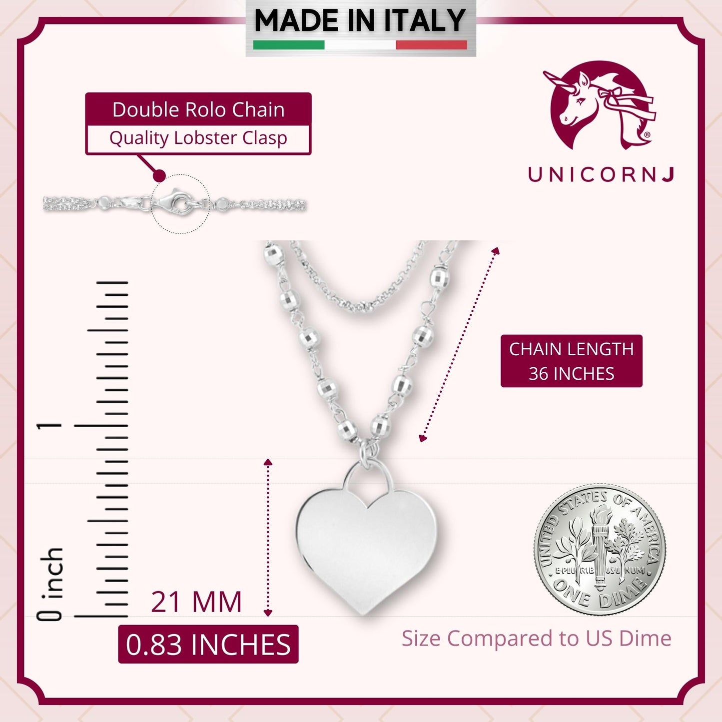 Sterling Silver Rose Gold Plated High Polished Heart Pendant Necklace Very Long Double Chain 36"