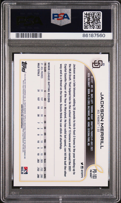 Graded 2022 Topps Pro Debut Jackson Merrill #PD103 Rookie RC Baseball Card PSA 10 Gem Mint