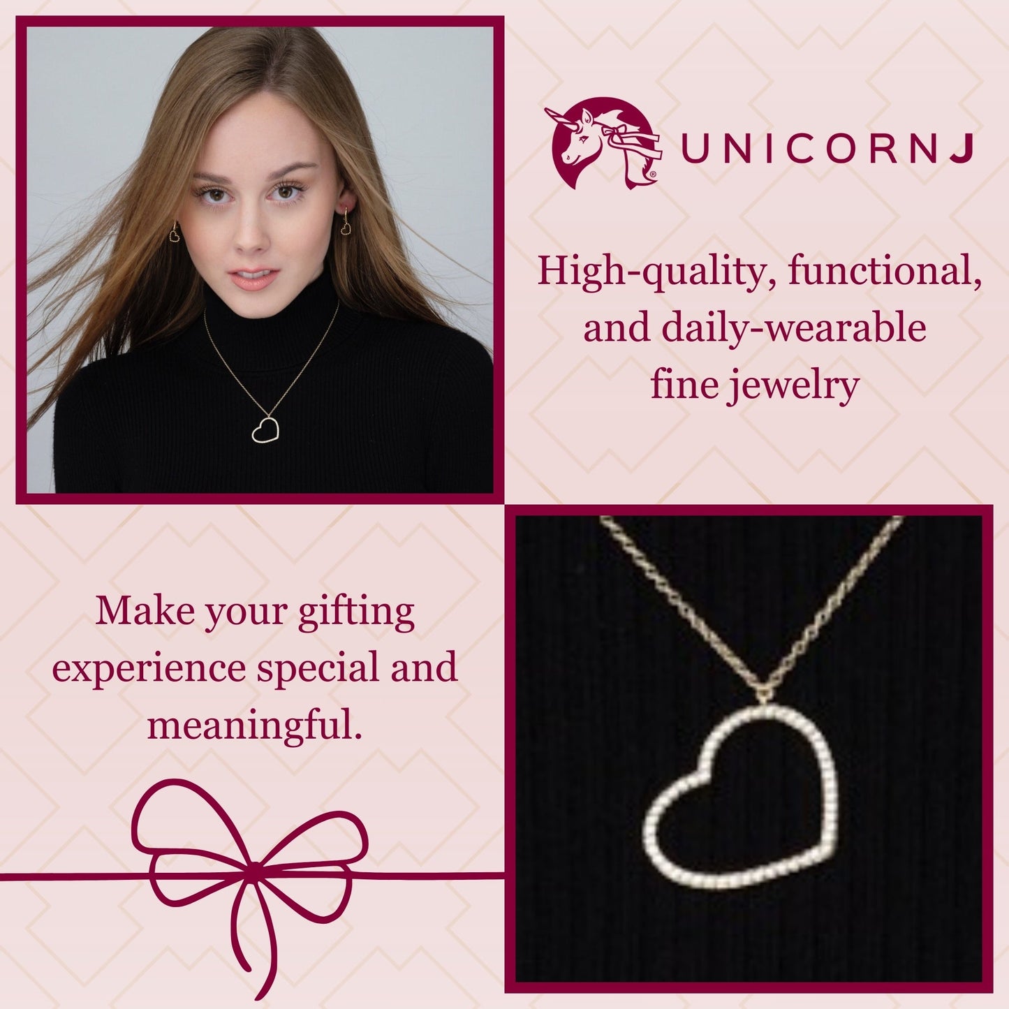 14K Yellow Gold Heart Pendant Necklace Sideways Outline with Simulated Diamonds Italy 16.5"