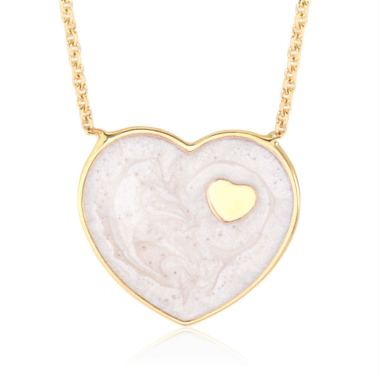 14K Yellow Gold Dark Marbled Enamel Heart on Heart Pendant Necklace 16 Inches