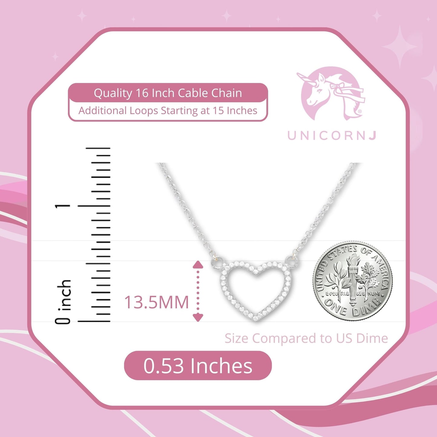 Sterling Silver 925 Open Heart Necklace Pendant Girls Teens Cubic Zirconia 15" Strong Rolo Chain ItalyÂ UnicornJ