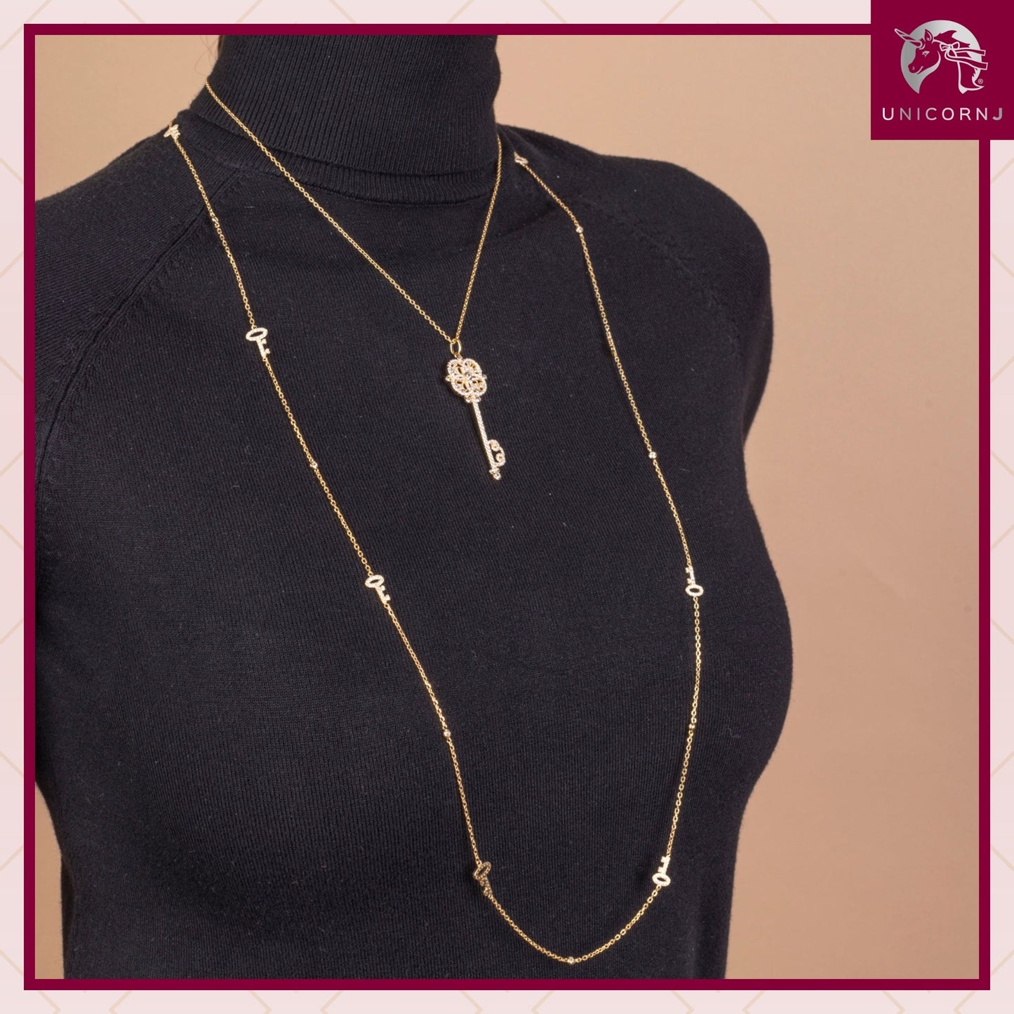 Key Necklace Pendant Sterling Silver 925 Yellow Gold Plated Large with Simulated Diamonds 17"