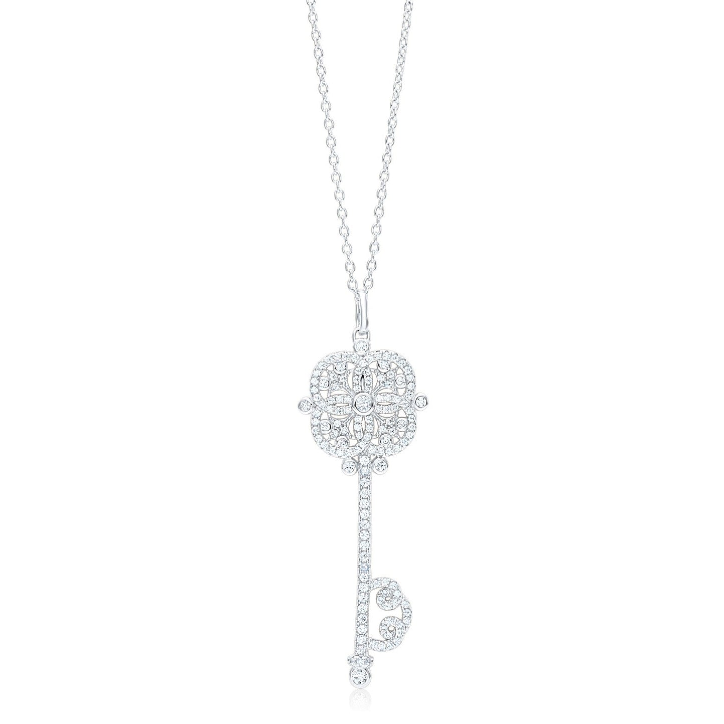 Key Necklace Pendant Sterling Silver 925 Yellow Gold Plated Large with Simulated Diamonds 17"