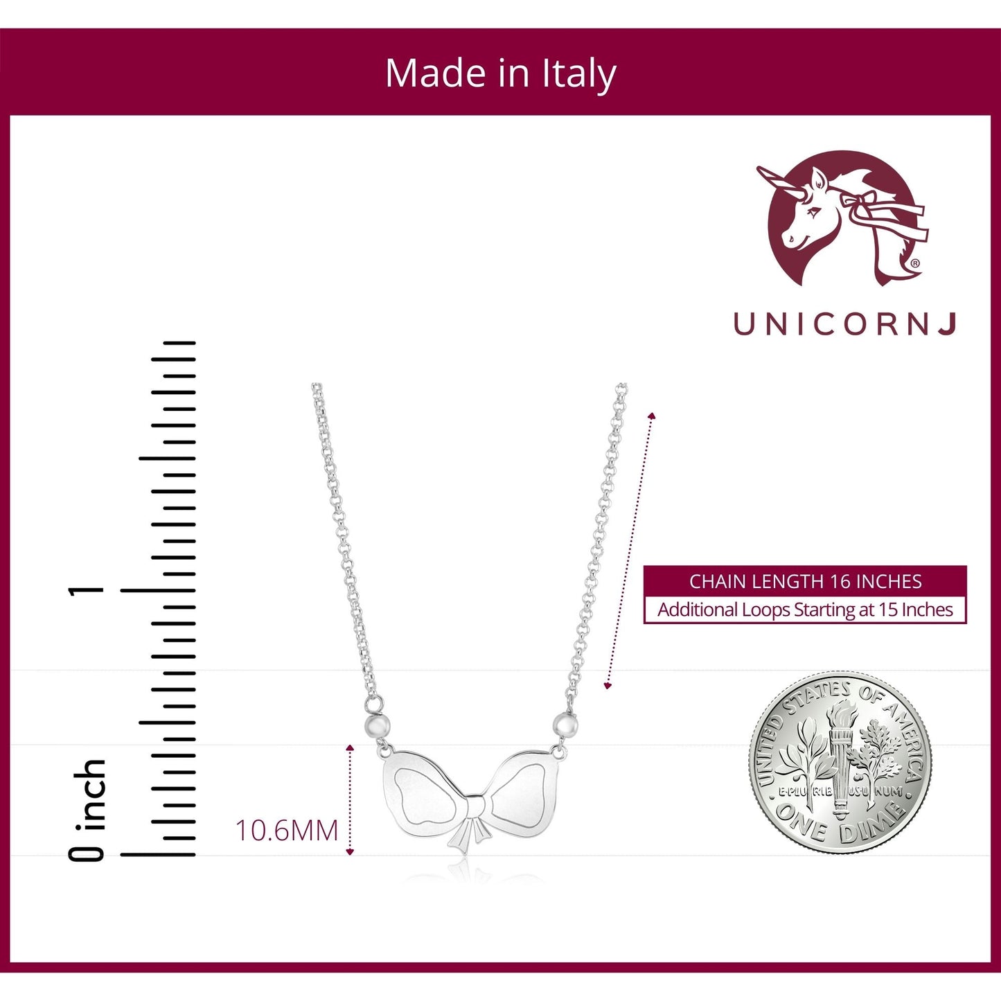 Sterling Silver Rose Gold Plated High Polished Fantasy Bow Pendant Necklace on Rolo Chain 16"