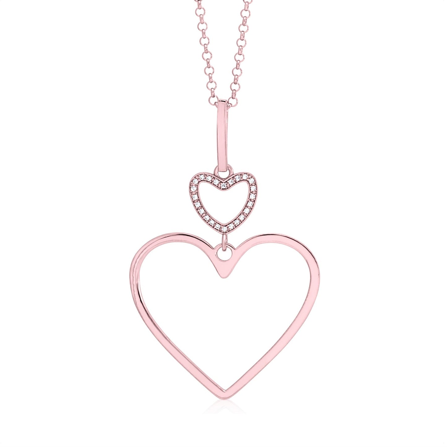 Sterling Silver Rose Gold Plated Polished Large Double Heart Dangle Necklace Pendant 18" Italy