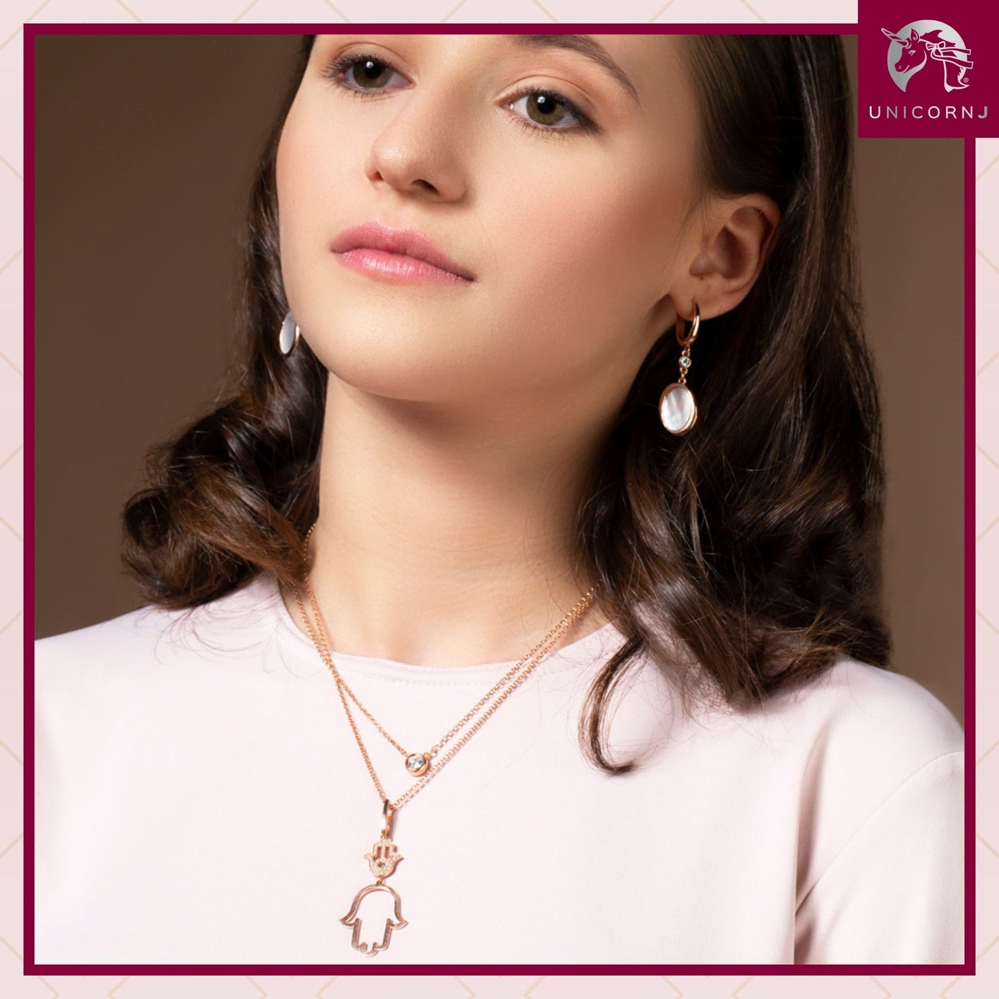 Sterling Silver Rose Gold Plated Polished Large Double Hamsa Dangle Necklace Pendant 18"