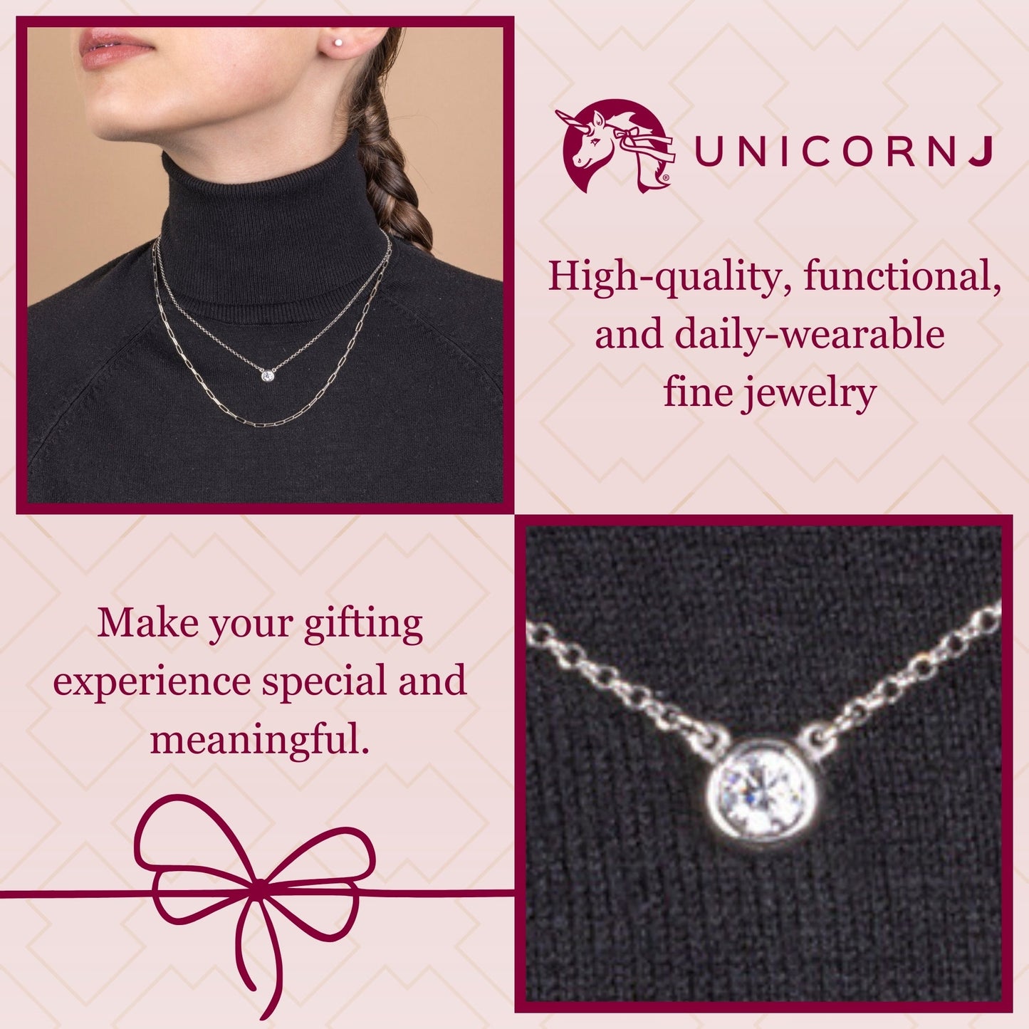 UNICORNJ Sterling Silver Rose and Yellow Gold Plated Polished Bezel Set Round Simulated Diamond Solitaire 6mm Necklace