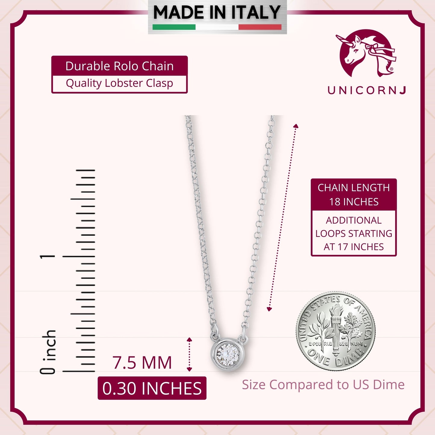 UNICORNJ Sterling Silver Rose and Yellow Gold Plated Polished Bezel Set Round Simulated Diamond Solitaire 6mm Necklace