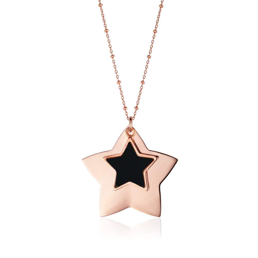 Sterling Silver Large Layered Double Star Pendant Necklace Rose Gold Plated 28"