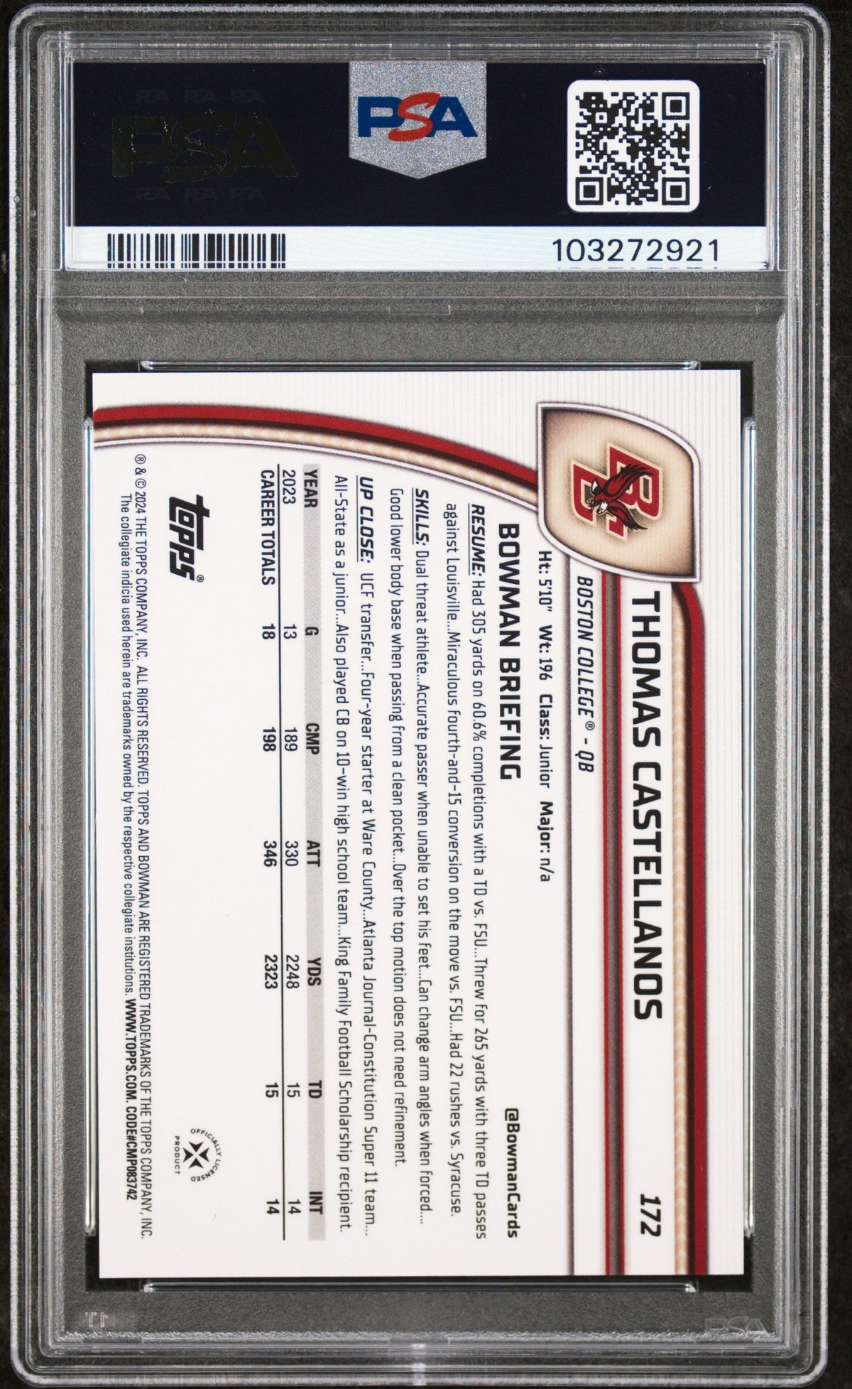 Graded 2024 Topps Bowman U Sapphire Thomas Castellanos #172 Orange Refractor /25 Rookie RC Football Card PSA 10 Gem Mint