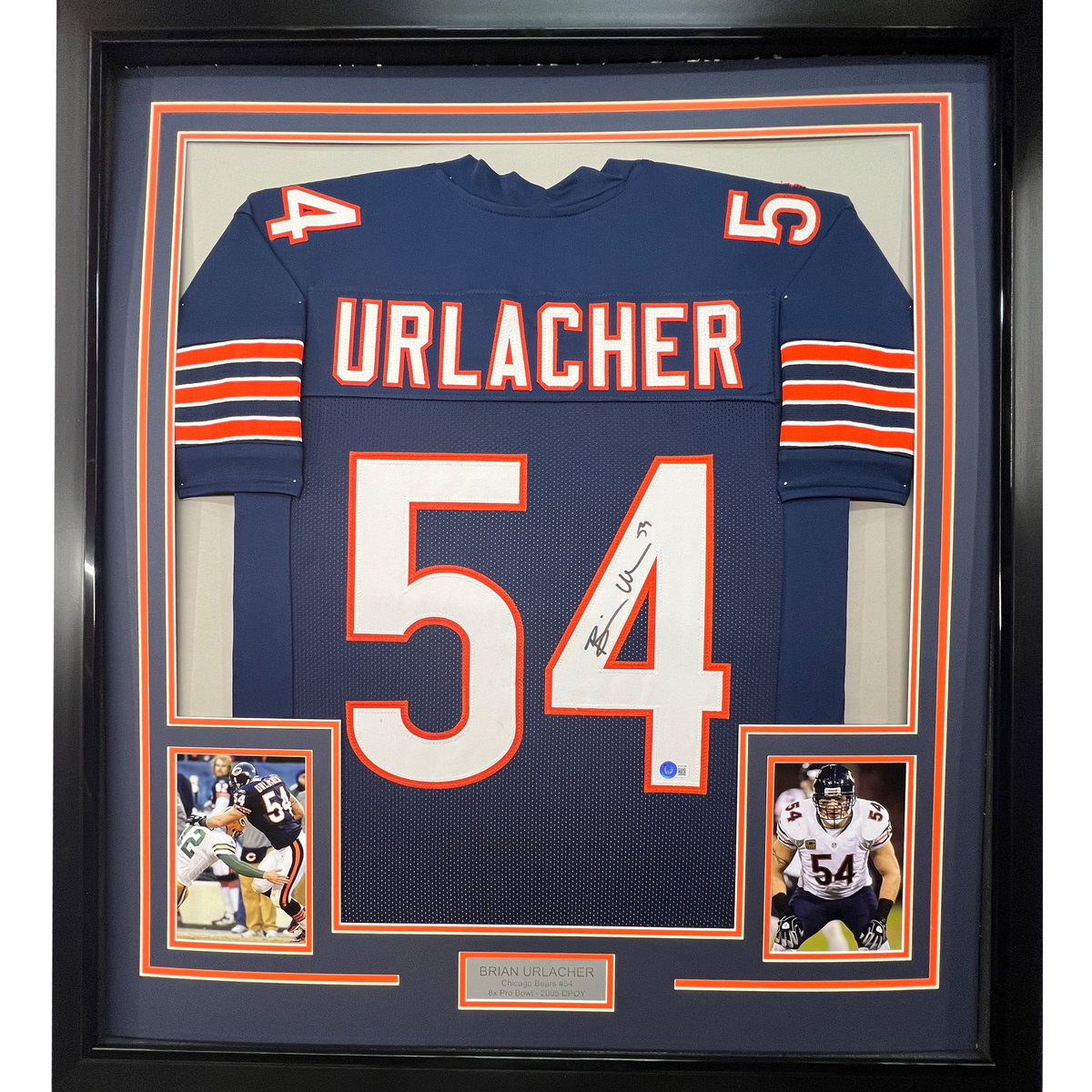 Framed Autographed/Signed Brian Urlacher 35x39 Chicago Bears Blue Football Jersey Beckett BAS COA