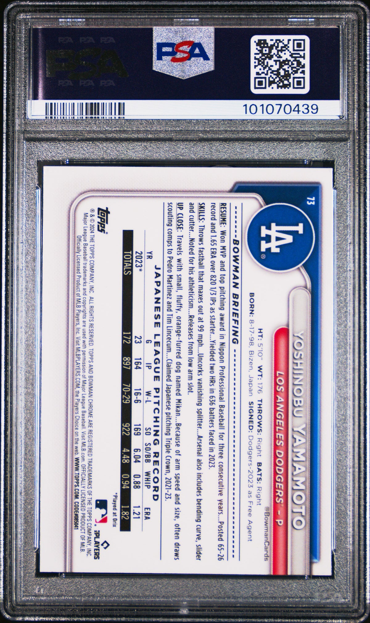 Graded 2024 Topps Bowman Chrome Yoshinobu Yamamoto #73 Rookie RC Baseball Card PSA 10 Gem Mint