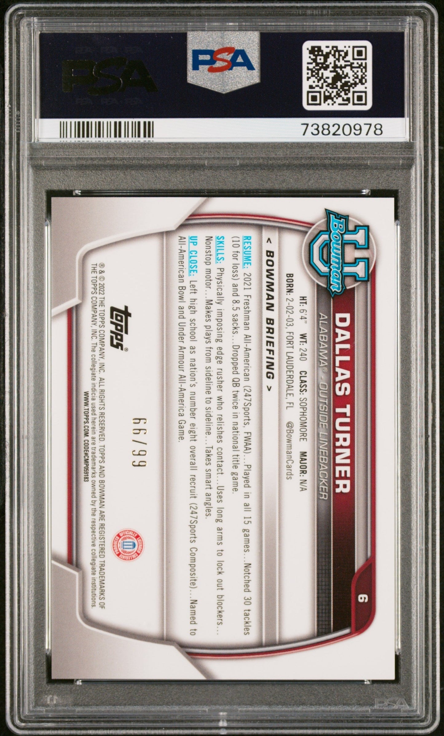 Graded 2022 Topps Bowman University Dallas Turner #6 Chrome Prospects Green Shimmer Refractor /99 Rookie RC Football Card PSA 10 Gem Mint
