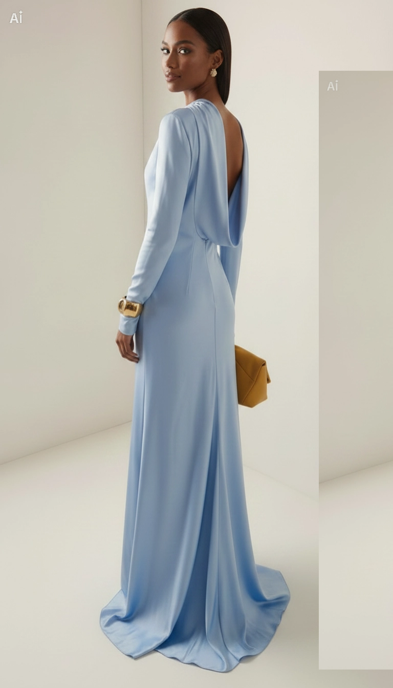 Satin Sky Blue Open-Back Long-Sleeved Maxi Dress for Elegant Evening Wear