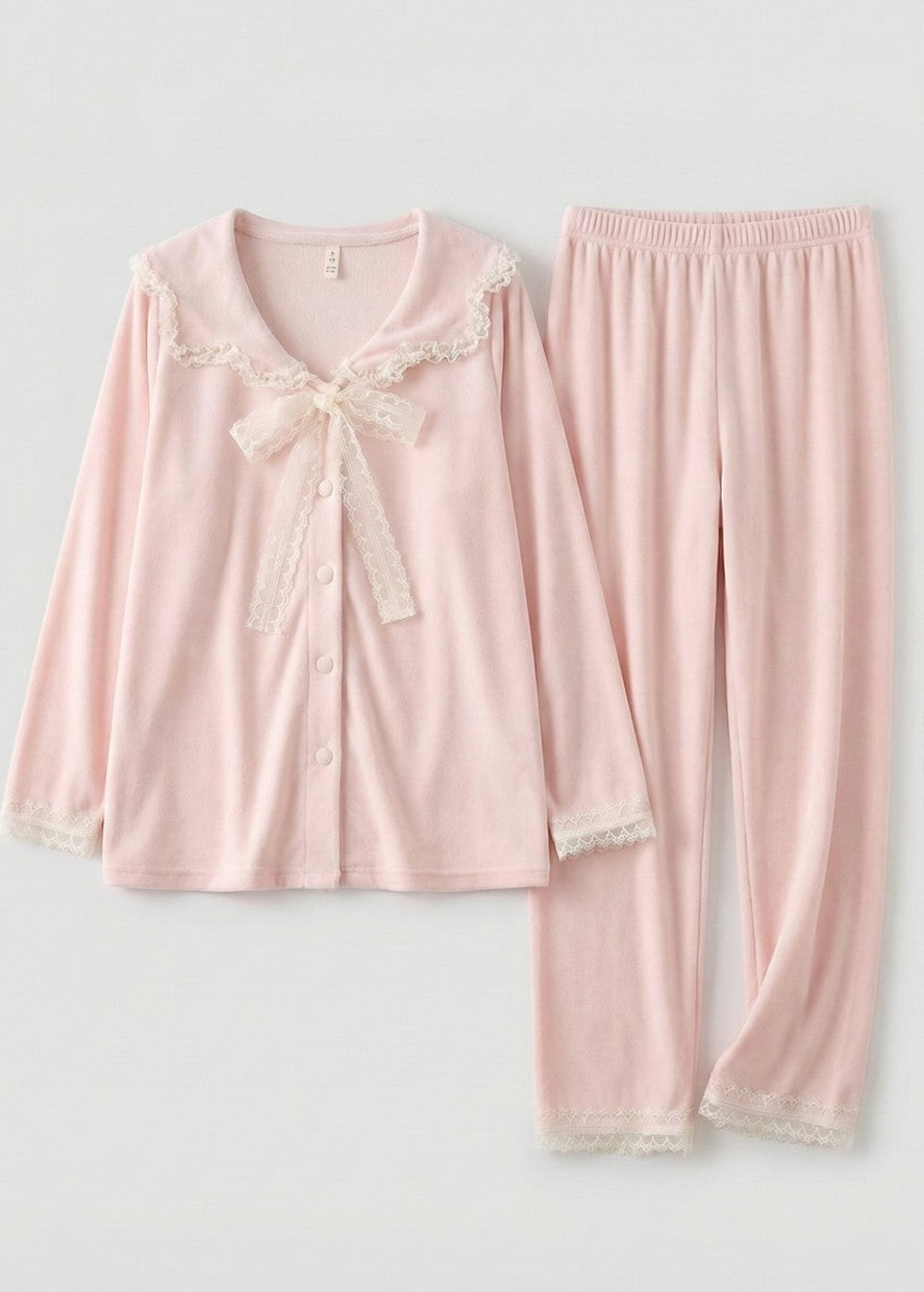 Rosy Velvet Coquette Lace Pajama Set / Blue