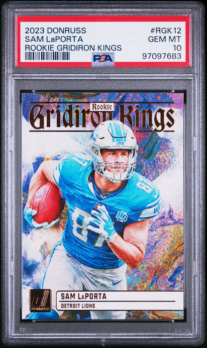Graded 2023 Panini Donruss Sam LaPorta #RGK12 Rookie Gridiron Kings Rookie RC Football Card PSA 10 Gem Mint