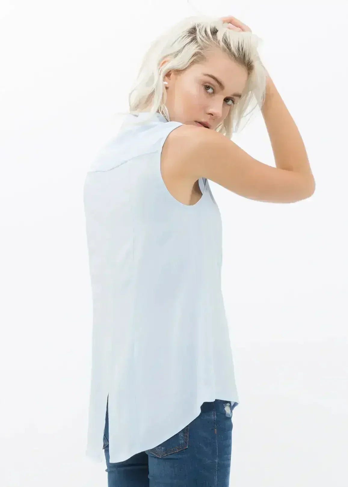 Women's Stand Collar Sleeveless Blouse In Cloud Blue | Femstylo