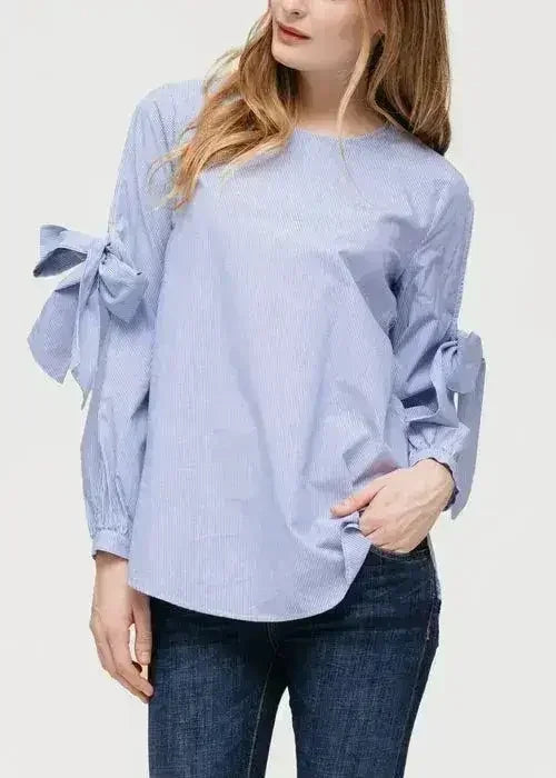 Women's Tie Sleeve Poplin Crewneck Blouse | Femstylo