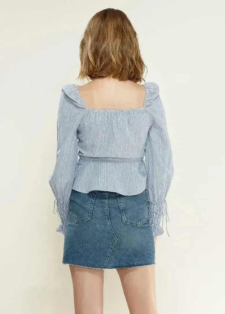 Smocked Cuff Button Front Peplum Blouse in Blue | Femstylo