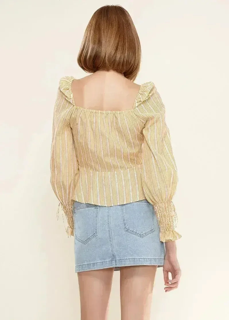 Smocked Cuff Button Front Peplum Blouse in Yellow | Femstylo