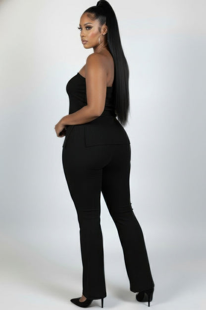 Ultra-fine Ribbed Slit Tube Top & High-waist Flare Pants Set