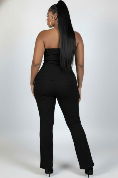Ultra-fine Ribbed Slit Tube Top & High-waist Flare Pants Set