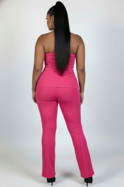 Ultra-fine Ribbed Slit Tube Top & High-waist Flare Pants Set