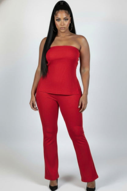 Ultra-fine Ribbed Slit Tube Top & High-waist Flare Pants Set