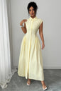 Front Slit Collar Cap Sleeve Ruched Waist Long Dress