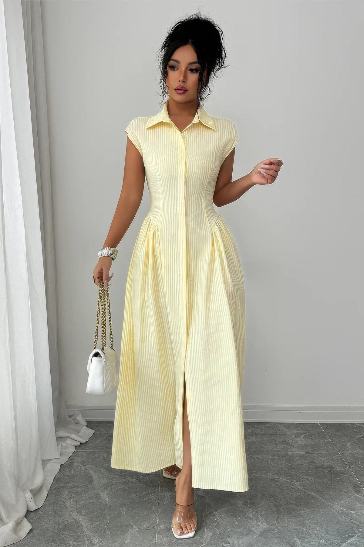 Front Slit Collar Cap Sleeve Ruched Waist Long Dress