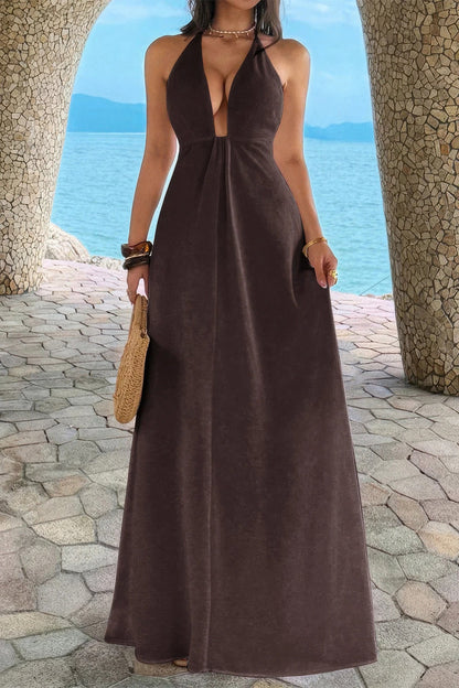 Halter Solid Hide Zipper A Line Maxi Dress