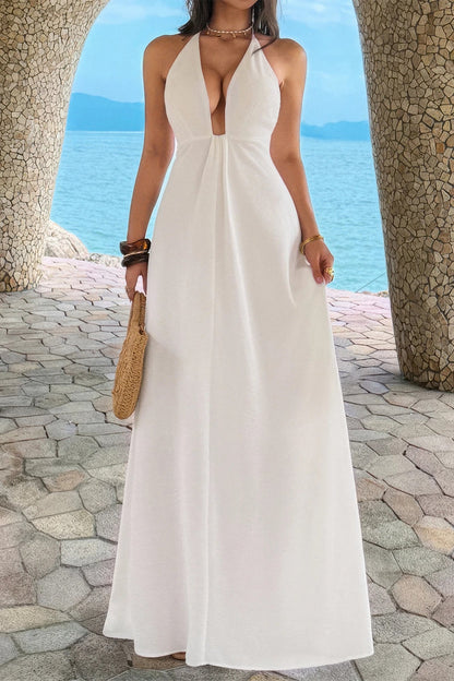 Halter Solid Hide Zipper A Line Maxi Dress