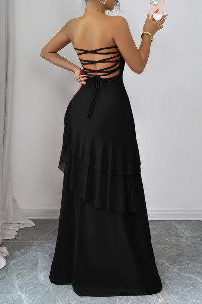 Off Shoulder Cross Back High Waist Layer Maxi Dress