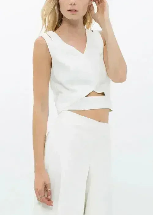 White V-Neck Sleeveless Crop Top - Keyhole & Zipper Detail