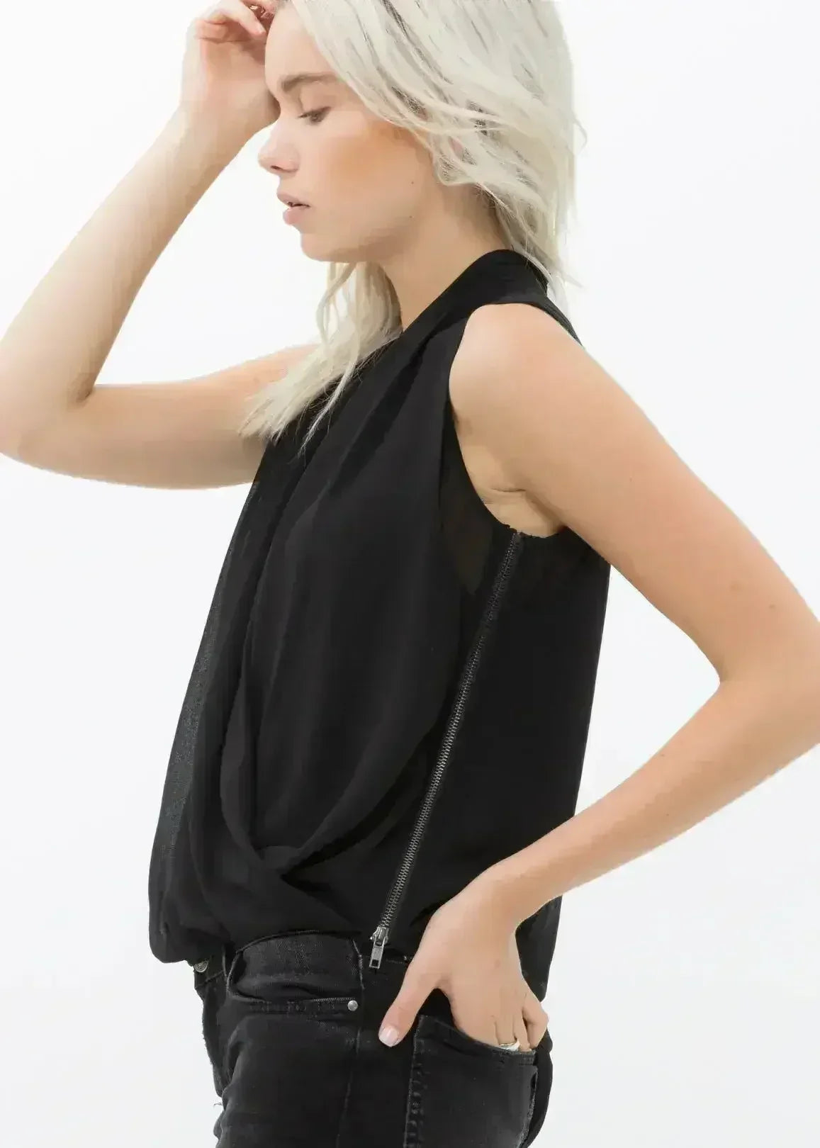 Women's Surplice Sleeveless Blouse In Black | Femstylo