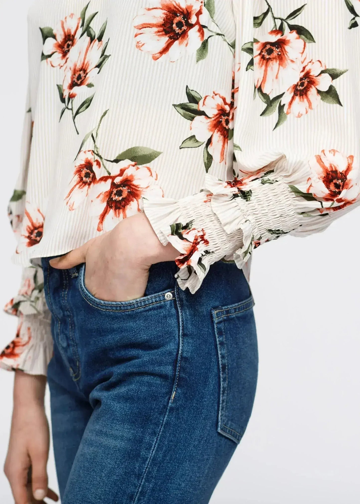 Women's Rust Flower Mockneck Smocked Sleeve Blouse | Femstylo